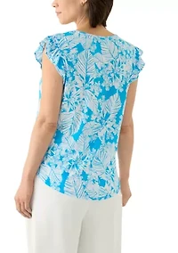 Petite Tropical Print V-Neck Blouse