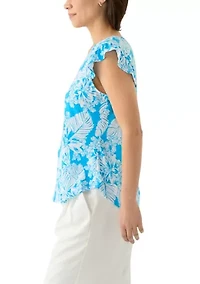 Petite Tropical Print V-Neck Blouse