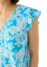 Petite Tropical Print V-Neck Blouse