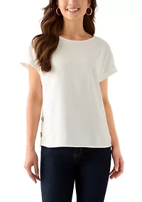Petite Short Sleeve Button Detail Linen Blouse