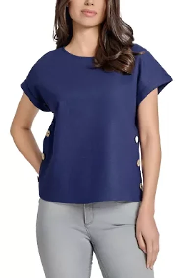 Petite Short Sleeve Button Detail Linen Blouse