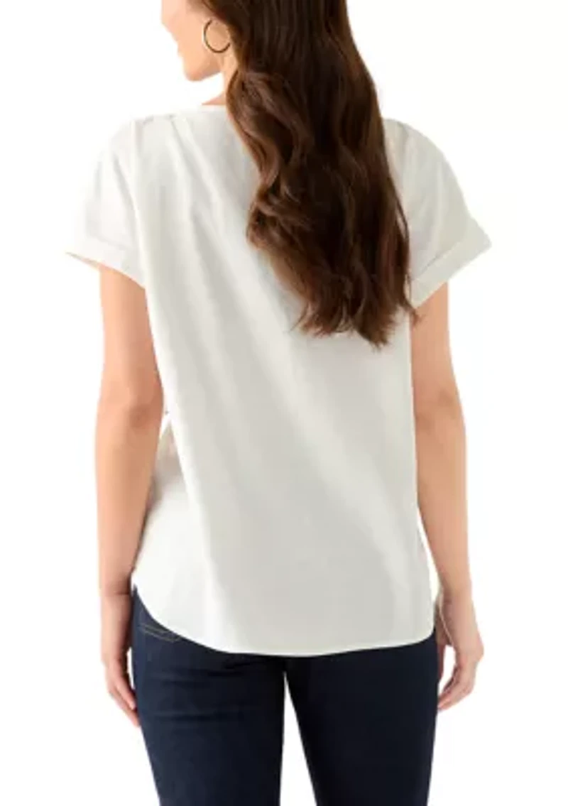 Petite Short Sleeve Button Detail Linen Blouse