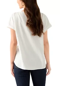 Petite Short Sleeve Button Detail Linen Blouse