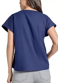Petite Short Sleeve Button Detail Linen Blouse