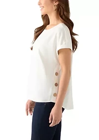 Petite Short Sleeve Button Detail Linen Blouse