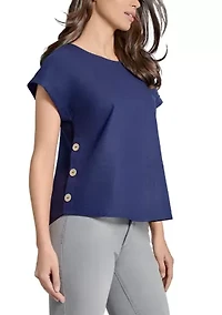 Petite Short Sleeve Button Detail Linen Blouse