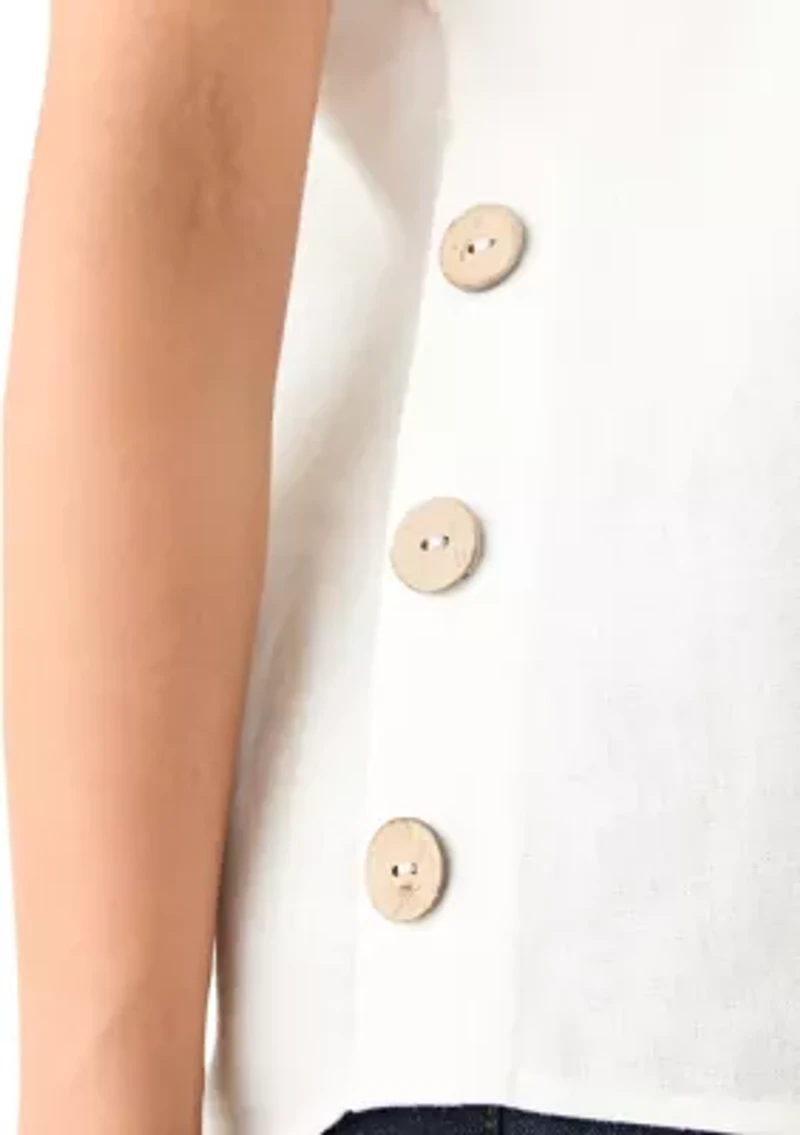 Petite Short Sleeve Button Detail Linen Blouse