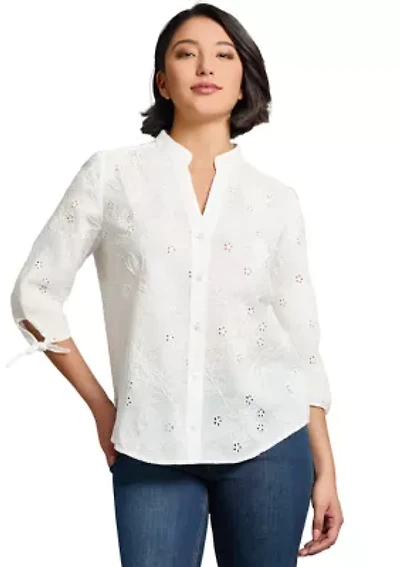 Petite Y-Neck Button Front Roll Sleeve Blouse