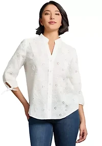Petite Y-Neck Button Front Roll Sleeve Blouse