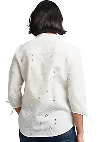 Petite Y-Neck Button Front Roll Sleeve Blouse