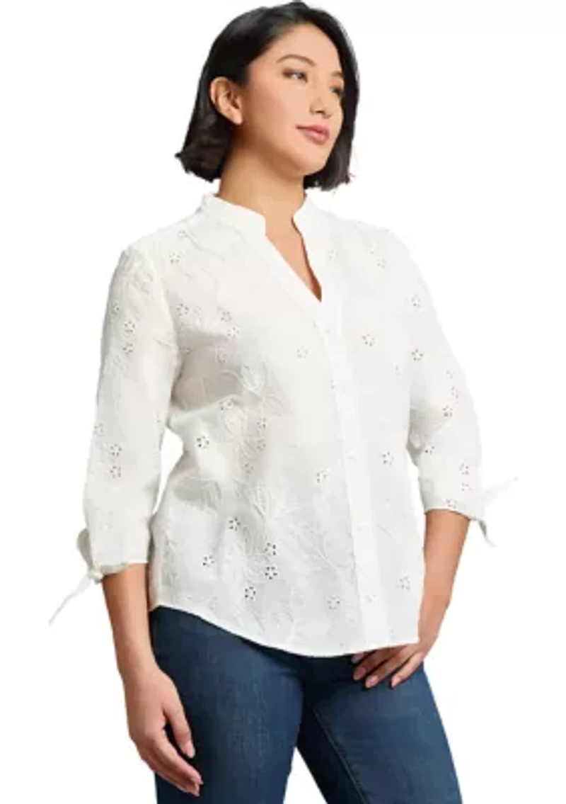 Petite Y-Neck Button Front Roll Sleeve Blouse