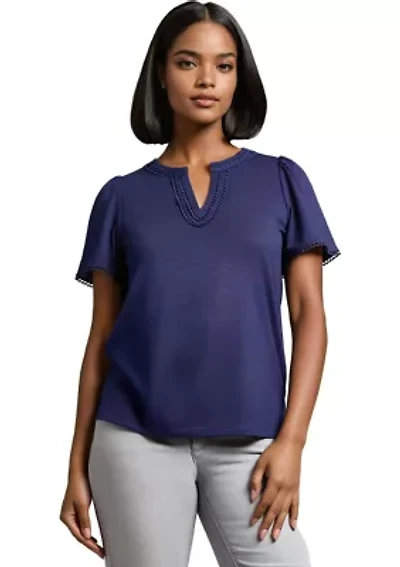 Petite Short Sleeve Split Neck Trim Top