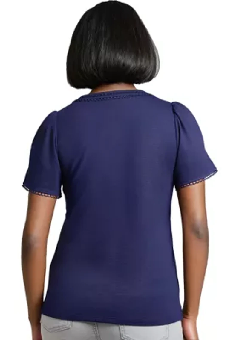 Petite Short Sleeve Split Neck Trim Top