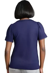 Petite Short Sleeve Split Neck Trim Top