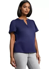 Petite Short Sleeve Split Neck Trim Top