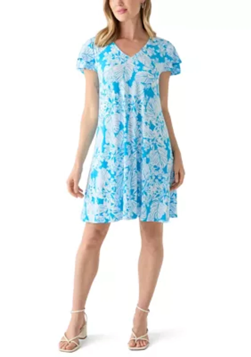 Petite Tropical Print Flutter Sleeve Mini Dress