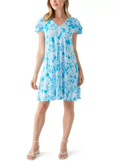 Petite Tropical Print Flutter Sleeve Mini Dress
