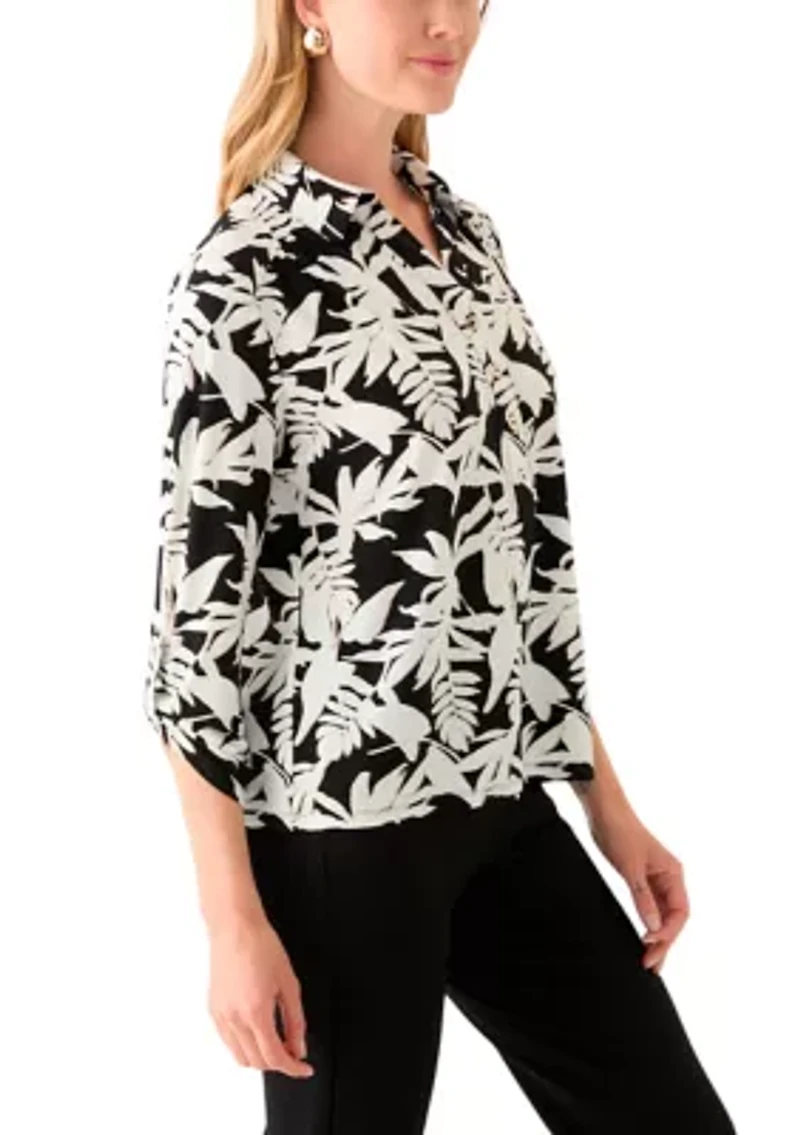 Petite 3/4 Roll Tab Sleeve Printed Collared Blouse