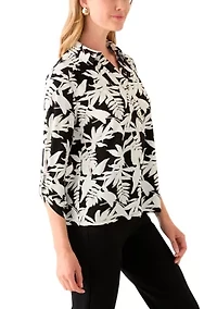 Petite 3/4 Roll Tab Sleeve Printed Collared Blouse