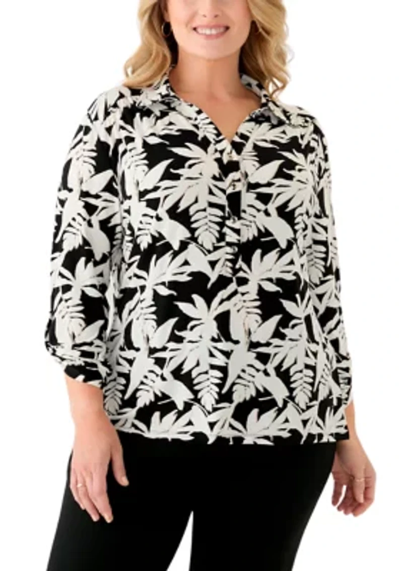 Plus 3/4 Sleeve Button Down Blouse