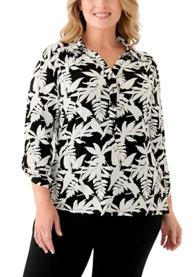 Plus 3/4 Sleeve Button Down Blouse