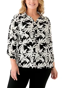 Plus 3/4 Sleeve Button Down Blouse
