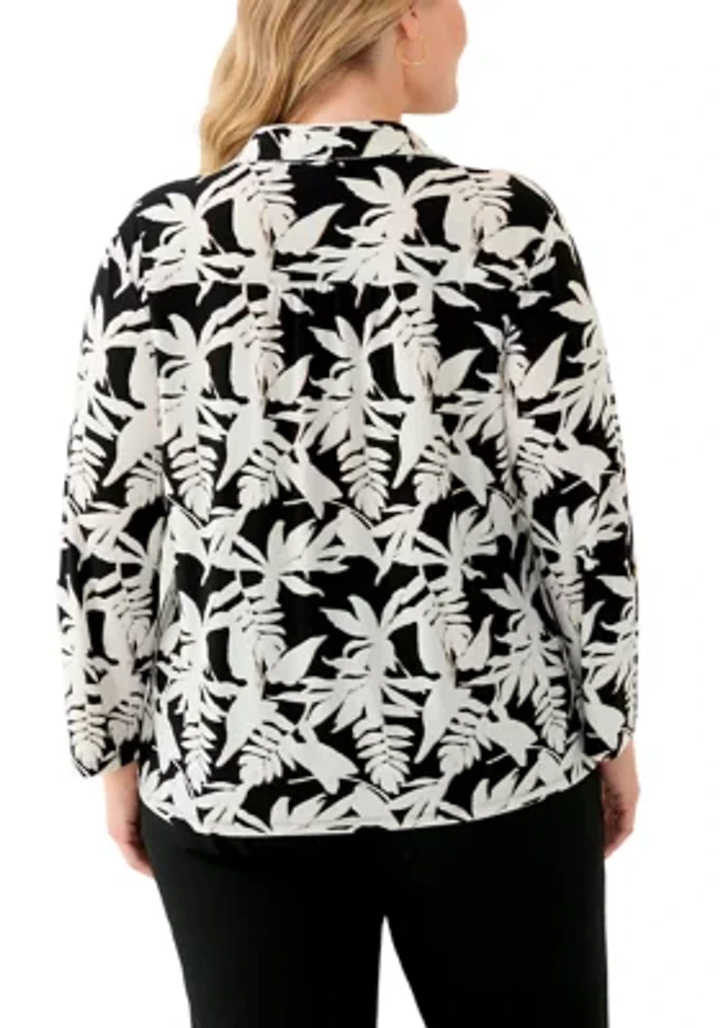 Plus 3/4 Sleeve Button Down Blouse