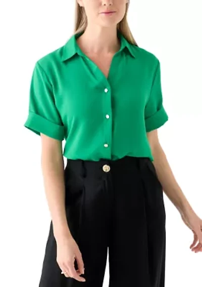 Petite Roll Sleeve Collared Camp Shirt