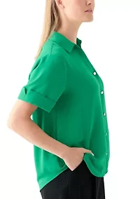 Petite Roll Sleeve Collared Camp Shirt
