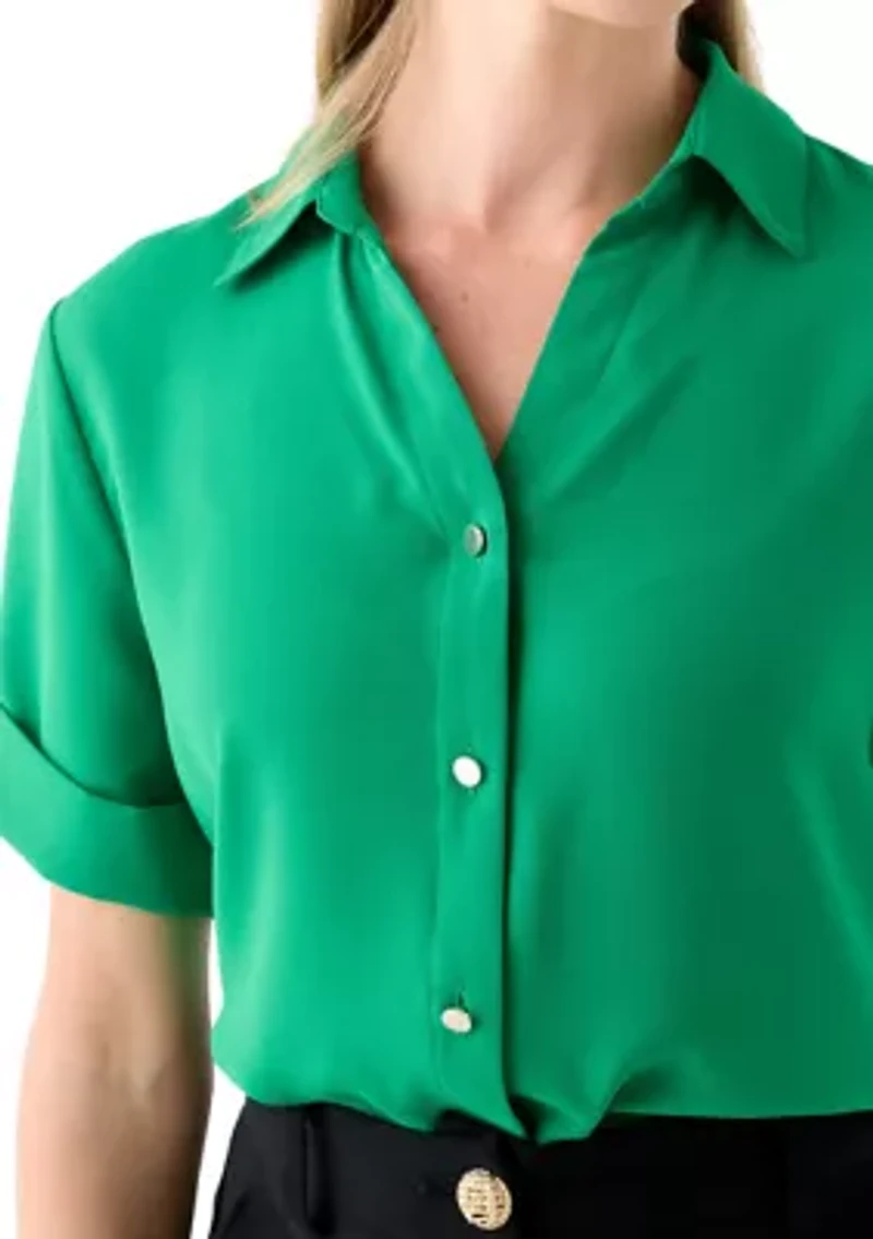 Petite Roll Sleeve Collared Camp Shirt