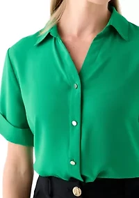 Petite Roll Sleeve Collared Camp Shirt