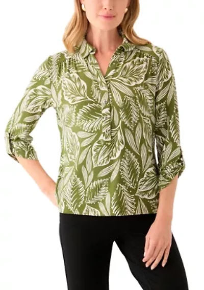 Petite 3/4 Roll Sleeve Printed Blouse