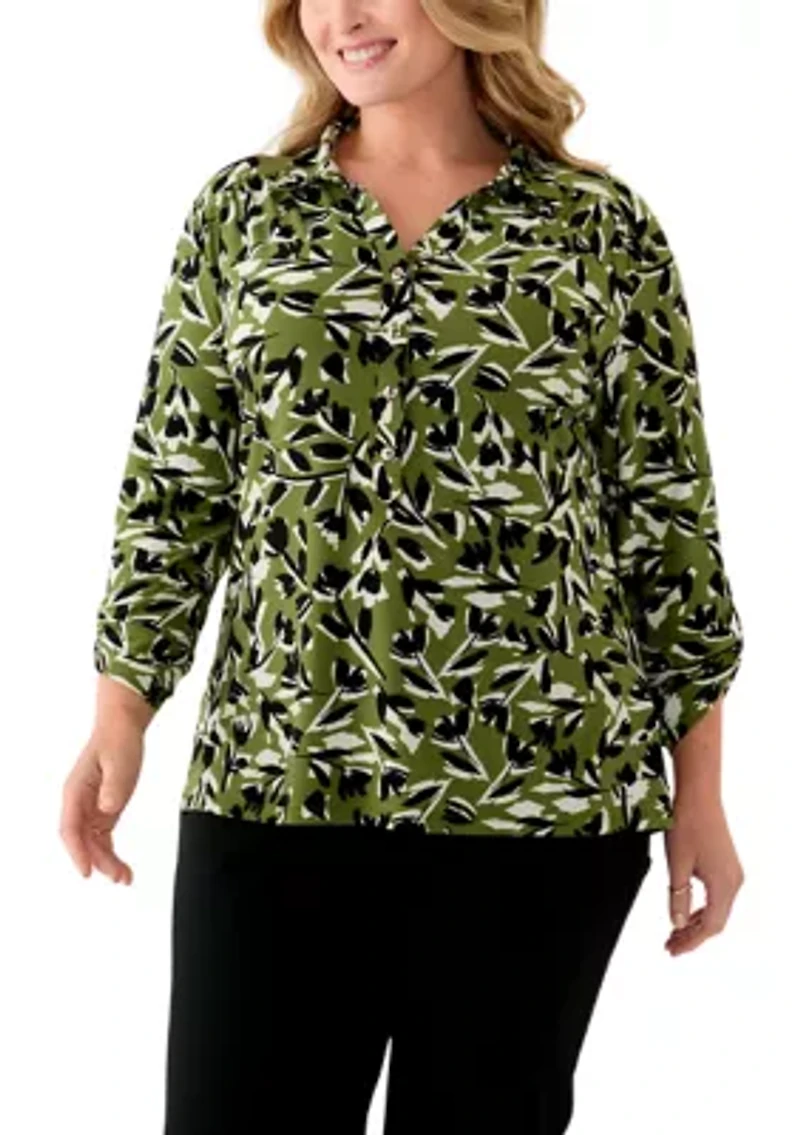 Plus 3/4 Sleeve Printed Button Down Shirt