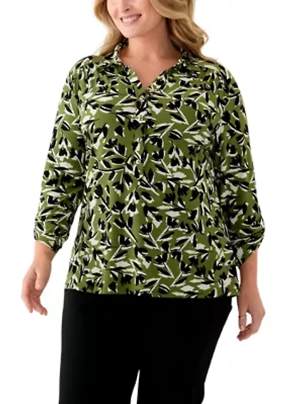 Plus 3/4 Sleeve Printed Button Down Shirt
