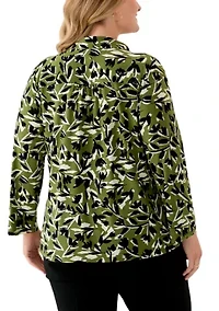 Plus 3/4 Sleeve Printed Button Down Shirt