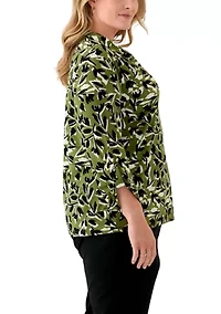 Plus 3/4 Sleeve Printed Button Down Shirt