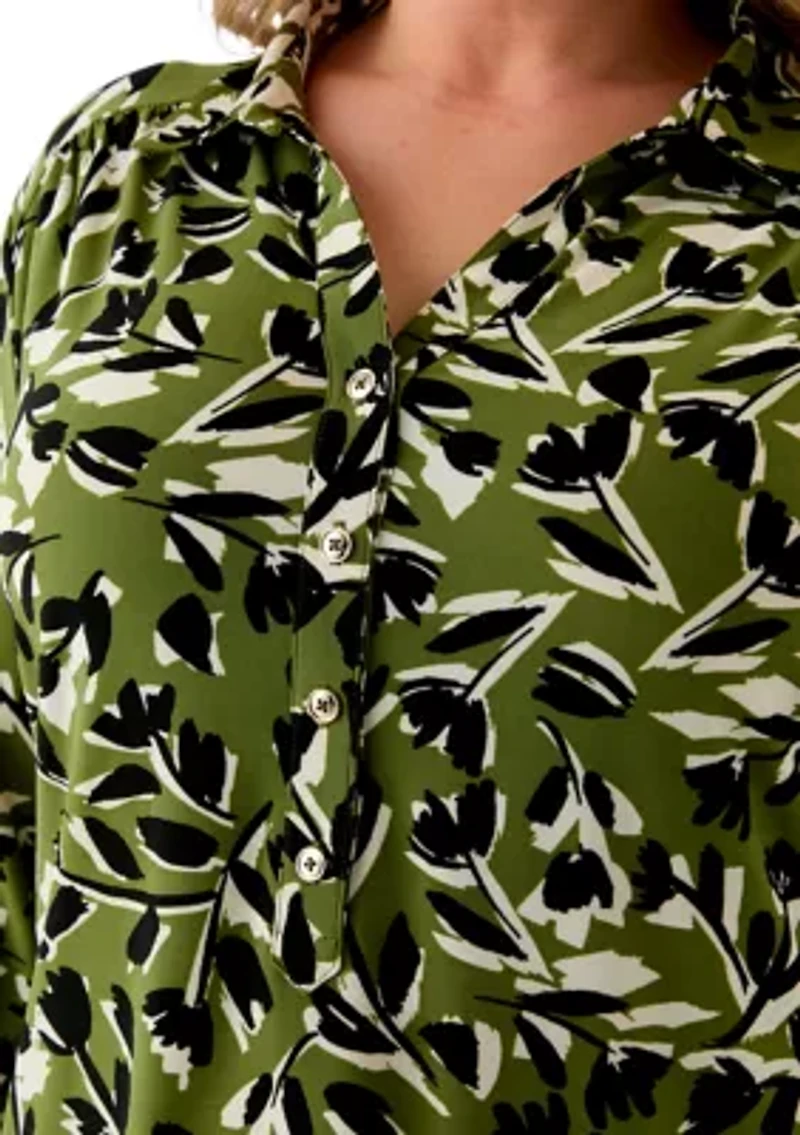 Plus 3/4 Sleeve Printed Button Down Shirt