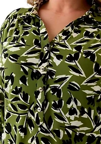 Plus 3/4 Sleeve Printed Button Down Shirt