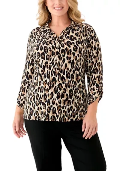 Plus 3/4 Sleeve Button Down Blouse