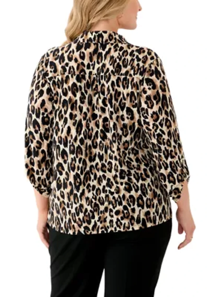 Plus 3/4 Sleeve Button Down Blouse