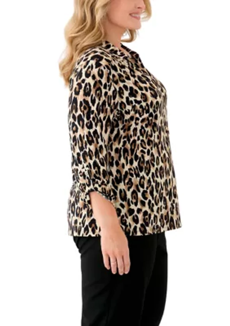 Plus 3/4 Sleeve Button Down Blouse