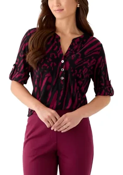 Petite Printed Button-Front Shirt with Roll-Tab Sleeves