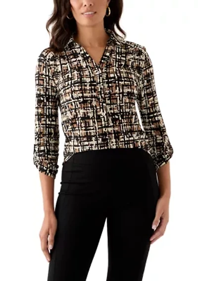 Women's 3/4 Roll-Tab Sleeve Printed Button Down Shirt