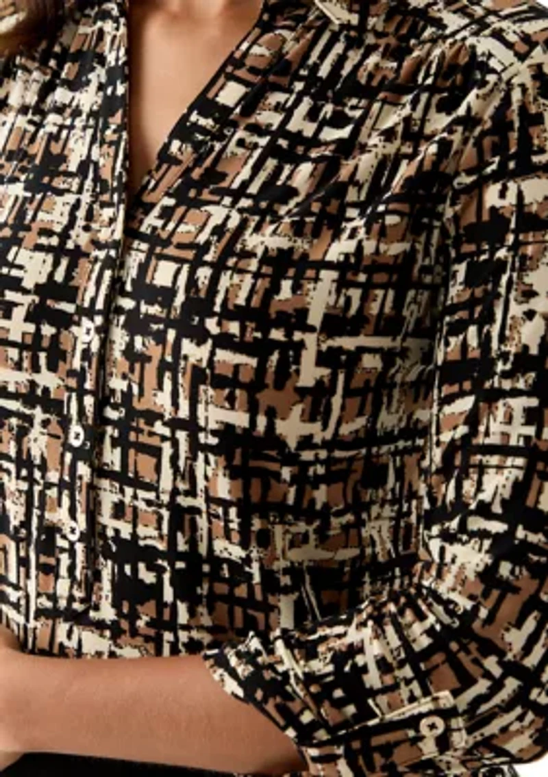 Women's 3/4 Roll-Tab Sleeve Printed Button Down Shirt