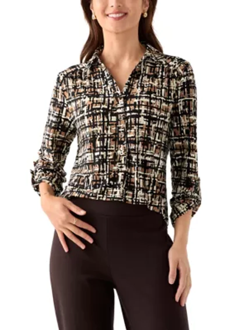 Petite 3/4 Scrunched Sleeve Printed Button Down Shirt