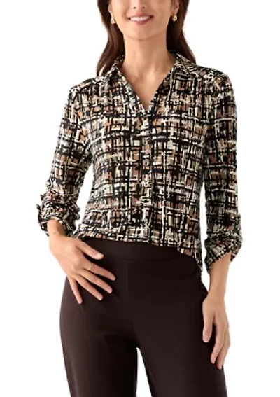 Petite 3/4 Scrunched Sleeve Printed Button Down Shirt