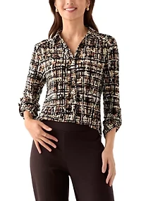 Petite 3/4 Scrunched Sleeve Printed Button Down Shirt