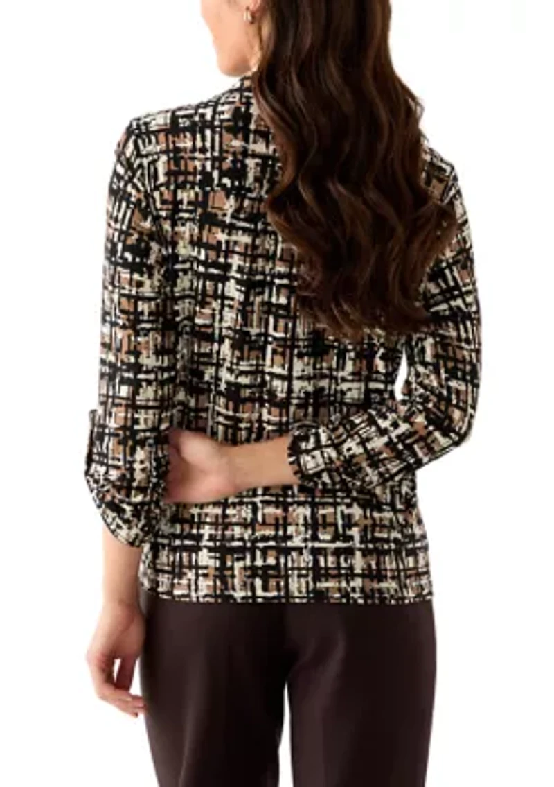 Petite 3/4 Scrunched Sleeve Printed Button Down Shirt