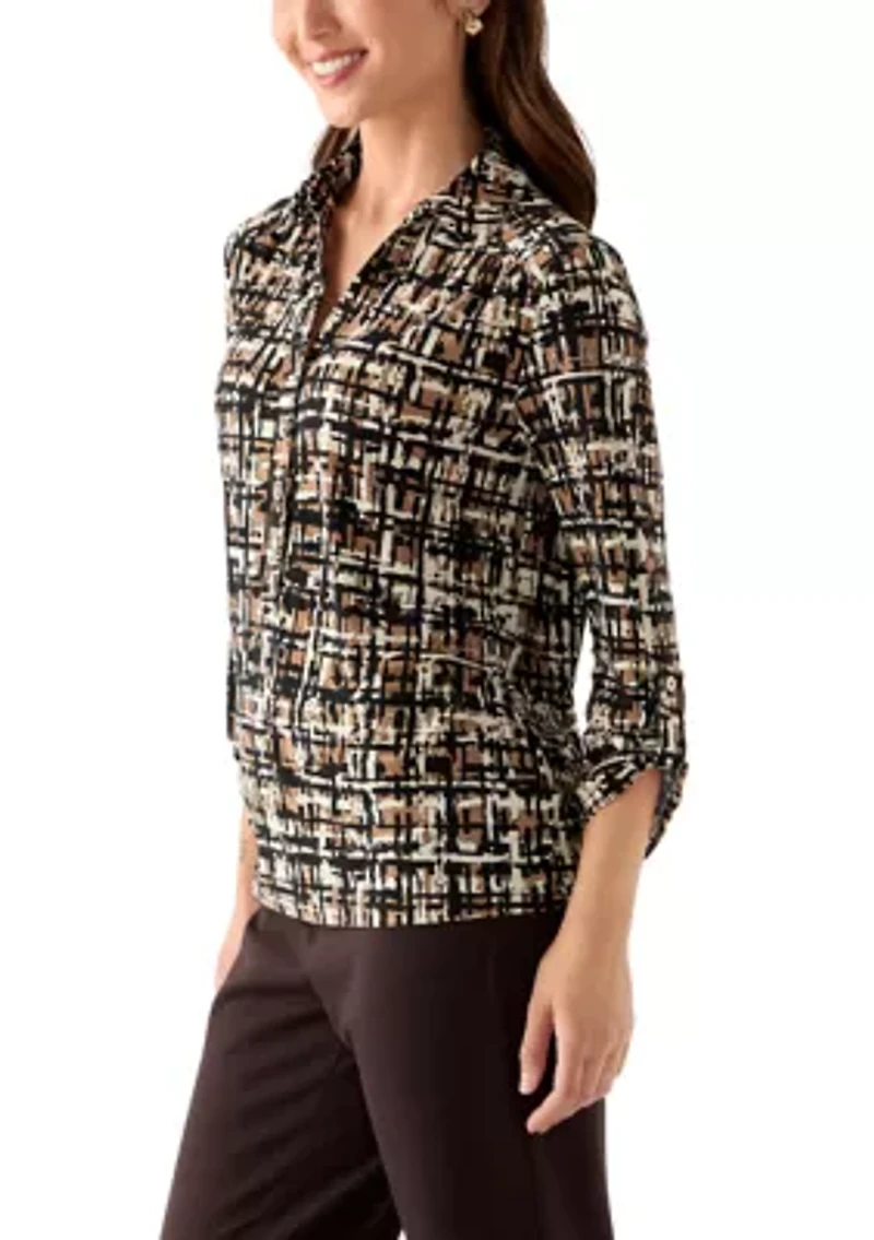 Petite 3/4 Scrunched Sleeve Printed Button Down Shirt