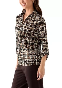 Petite 3/4 Scrunched Sleeve Printed Button Down Shirt